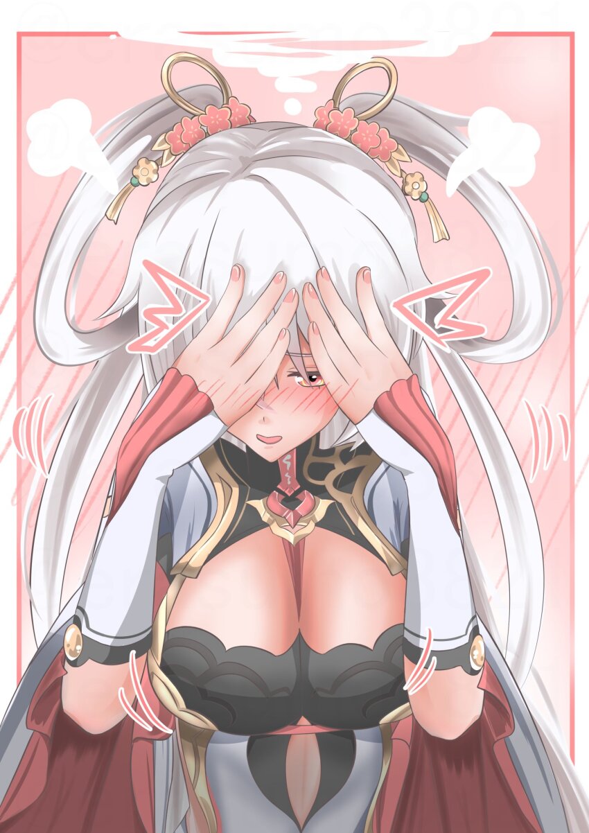 1girl blush breasts cleavage commentary_request cowboy_shot dress embarrassed erasumo3821 flower hair_flower hair_ornament hair_rings hands_on_own_face highres honkai_(series) honkai_impact_3rd large_breasts leaning_forward long_hair looking_at_viewer official_alternate_costume orange_eyes pink_flower solo theresa_apocalypse theresa_apocalypse_(luna_kindred) theresa_apocalypse_(lunar_vow:_crimson_love) theresa_apocalypse_(redolent_in_red) very_long_hair white_dress white_hair
