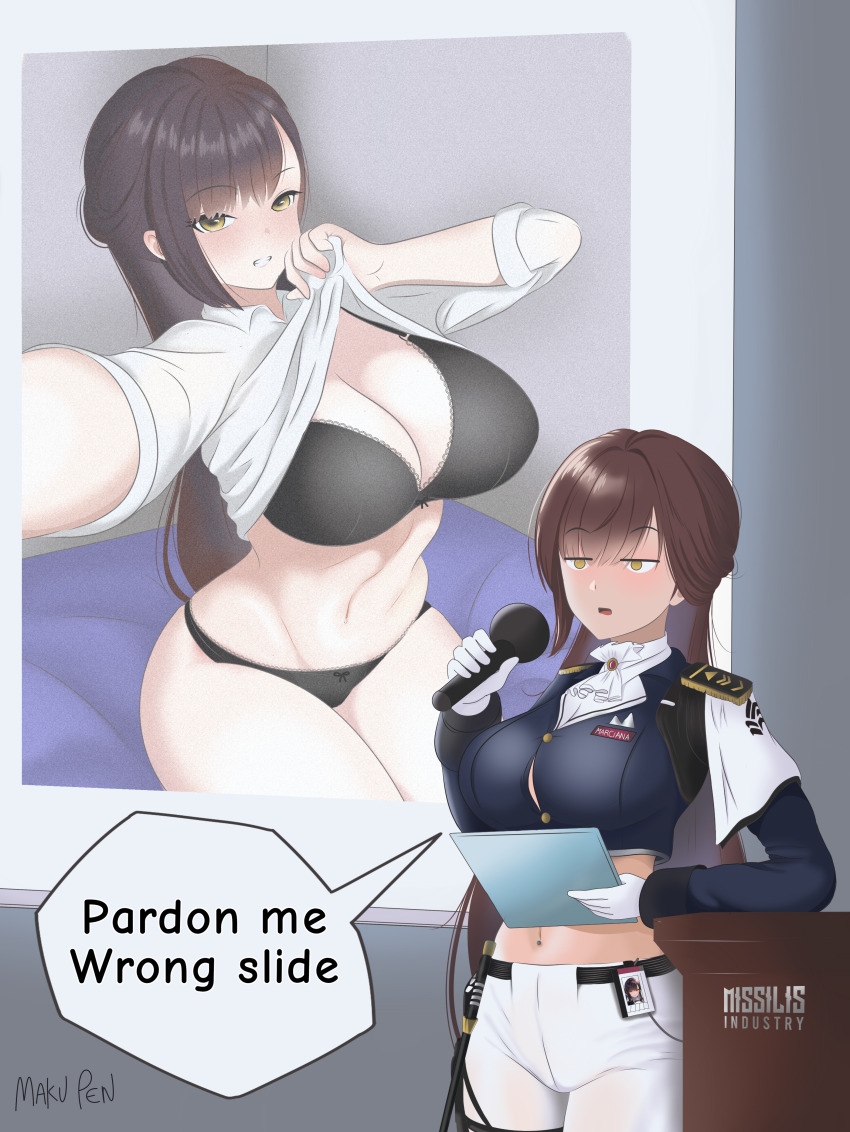 1girl absurdres ascot bad_tag belt black_belt black_bra black_jacket black_panties blush bra breasts brown_eyes brown_hair button_gap cleavage clothes_lift commentary cowboy_shot crop_top cropped_jacket english_commentary english_text epaulettes gloves goddess_of_victory:_nikke grin groin hair_between_eyes helmet highres holding holding_microphone holding_tablet_pc id_card jacket large_breasts lifting_own_clothes long_hair long_sleeves looking_at_viewer maku_pen marciana_(nikke) meme microphone midriff military_jacket name_tag navel navel_piercing open_mouth outstretched_arm panties pants piercing presentation_gone_wrong_(meme) riding_crop selfie shirt shirt_lift sidelocks signature sitting smile speech_bubble standing tablet_pc teeth thigh_strap tight_clothes tight_pants underwear white_ascot white_gloves white_pants white_shirt