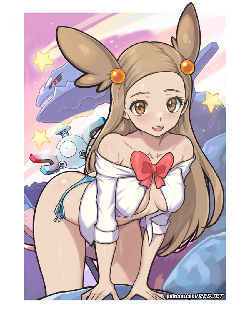 1girl :d arm_support artist_name bare_shoulders bent_over bikini bikini_bottom_only blonde_hair blue_bikini border bow breasts brown_eyes collarbone gen_1_pokemon gen_2_pokemon hair_bobbles hair_ornament highres jasmine_(pokemon) long_hair looking_at_viewer magnemite medium_breasts nintendo off-shoulder_shirt off_shoulder open_clothes open_mouth open_shirt outside_border patreon_username pokemon pokemon_(creature) pokemon_frlg red_bow redjet shirt smile solo star_(symbol) steelix swimsuit teeth three-quarter_sleeves two_side_up upper_teeth_only very_long_hair white_border white_shirt