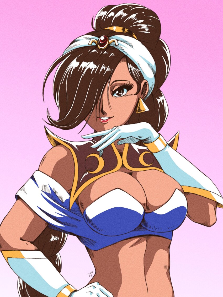 1girl absurdres braid braided_ponytail breasts capcom cleavage earrings hair_over_one_eye highres jewelry large_breasts long_hair midriff power_stone rouge_(power_stone) tedbob84