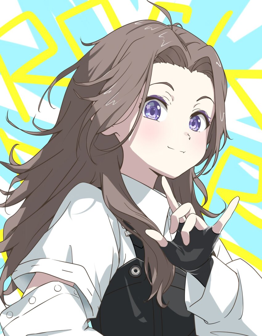 1girl 22/7 black_gloves bodice closed_mouth collared_dress curtained_hair dress fingerless_gloves gloves grey_hair highres long_hair long_sleeves looking_at_viewer matsubokkurin227 messy orihara_sumika purple_eyes rock_wa_shinanai smile solo star_(symbol) star_in_eye symbol_in_eye upper_body white_dress