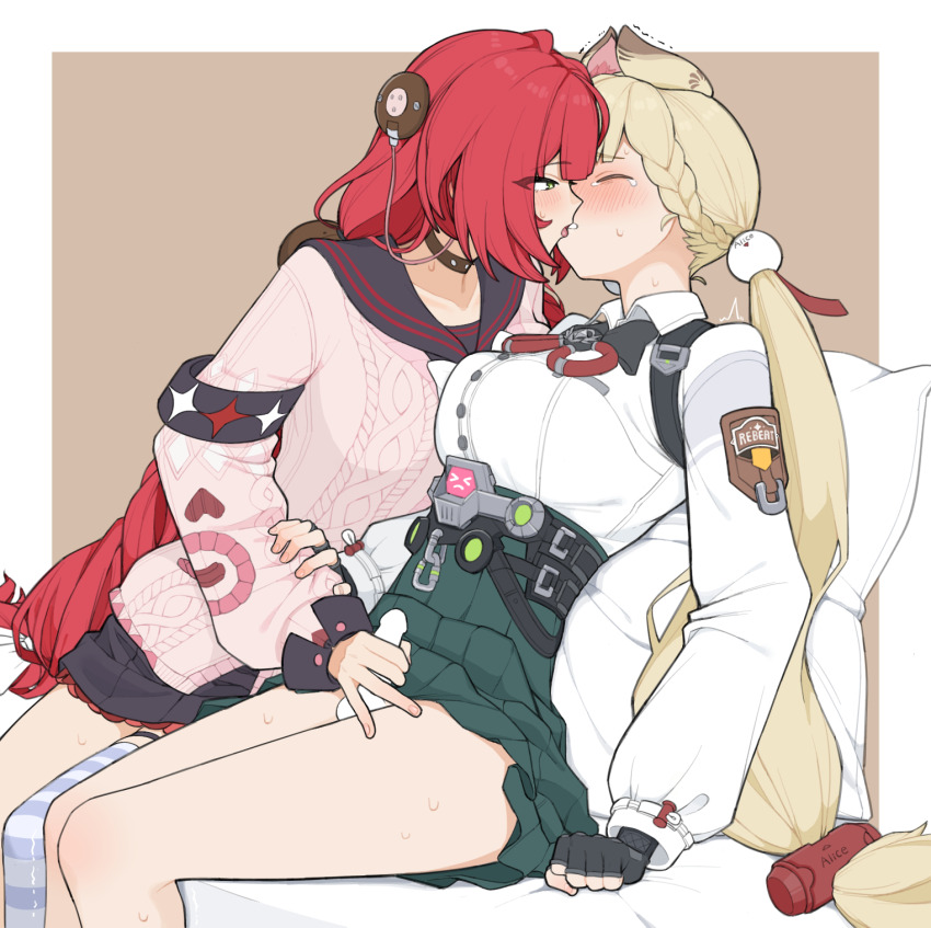 1futa 1girl alice_thymefield animal_ears armband assertive_female asymmetrical_docking black_armband black_bow black_bowtie black_gloves black_sailor_collar black_skirt blank_censor blonde_hair blue_thighhighs blush border bow bowtie braid braided_bangs breast_press breasts brown_background brown_choker buttons cable_knit cardigan censored character_name choker clenched_hand clenched_teeth closed_eyes clothed_sex clothes_lift collared_shirt commentary_request couple cushion dress_shirt emoticon erection fingerless_gloves french_kiss furrowed_brow futa_with_female futanari gloves green_skirt hair_ornament hand_on_another&#039;s_arm handjob hell_chihuahua high-waist_skirt highres kaomoji kiss leaning_back leaning_forward leaning_on_object leaning_on_person long_hair long_sleeves low-tied_long_hair low_twintails medium_breasts miniskirt nape_braid on_cushion patch penis pink_cardigan pleated_skirt profile rabbit_ears rabbit_girl red_hair sailor_collar shirt shoulder_patch simple_background single_thighhigh sitting skirt skirt_lift small_penis sphere_hair_ornament striped_clothes striped_thighhighs sweat sweatdrop tears teeth thigh_strap thighhighs thighs tongue tongue_out twintails twisted_torso twitching ukinami_yuzuha very_long_hair white_border white_shirt white_thighhighs zenless_zone_zero