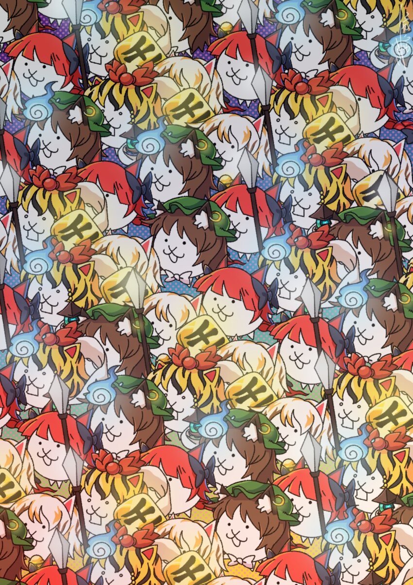 :3 animal_ear_fluff animal_ears black_fur black_hair black_ribbon blonde_hair braid brown_hair calico cat cat_ears chen chen_(cat) coin gold goutokuji_mike goutokuji_mike_(cat) hair_ornament hair_ribbon highres hitodama holding holding_polearm holding_weapon kaenbyou_rin kaenbyou_rin_(cat) koban_(gold) multicolored_hair multiple_others orange_hair polearm red_ribbon ribbon spear streaked_hair toramaru_shou toramaru_shou_(tiger) torn touhou twin_braids weapon white_fur white_hair yellow_fur yoiy_san
