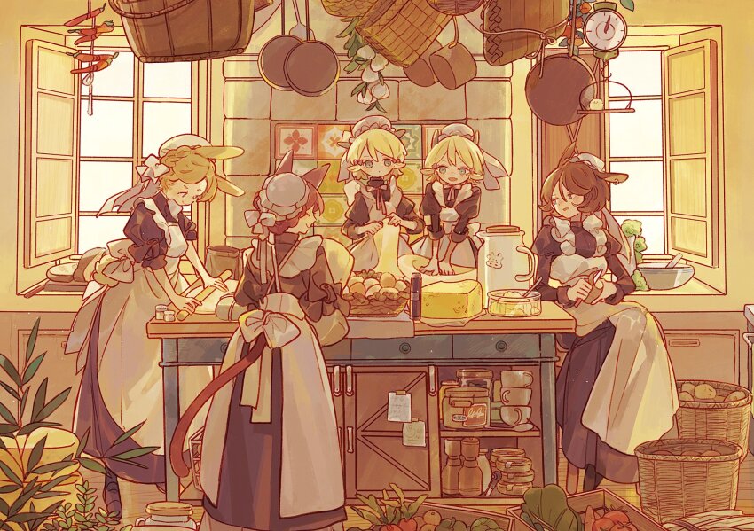 5girls animal_ear_piercing animal_ears apron basket bell_pepper black_hair blonde_hair blue_eyes bow braid cabinet carrot cat_ears cat_tail cheese cooking cup dough dress egg food frying_pan garlic goat_ears goat_horns hair_bow highres horns indoors juliet_sleeves kitchen kitchen_scale kurasaka light_particles long_sleeves maid maid_apron multiple_girls original pitcher_(container) potato puffy_short_sleeves puffy_sleeves rabbit_ears radish rolling_pin short_sleeves siblings sitting standing tail tomato twins weighing_scale window