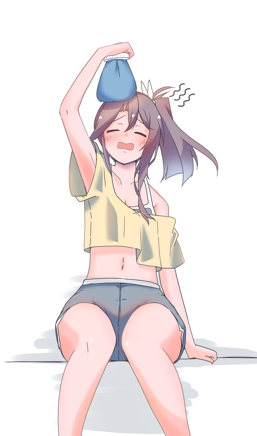 1girl 702_(naotsu) absurdres alternate_costume casual closed_eyes crop_top feet_out_of_frame grey_hair grey_shorts highres ice_pack kantai_collection long_hair navel shirt shorts sitting solo yellow_shirt zuihou_(kancolle)