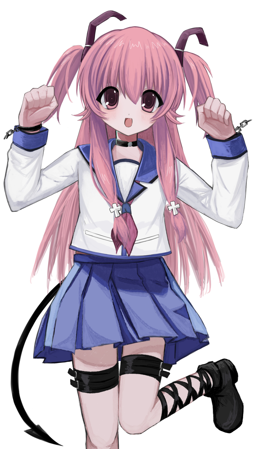 1girl 2000s_(style) :d absurdres angel_beats! belt black_choker black_tail blue_sailor_collar blue_skirt blush choker commentary fake_tail fang hair_between_eyes hair_ribbon hands_up highres leg_up long_hair long_sleeves looking_at_viewer nemu_(zutto_oyasu3) open_mouth paw_pose pink_eyes pink_hair pleated_skirt ribbon sailor_collar school_uniform simple_background skirt smile solo tail thigh_belt thigh_strap two_side_up white_background yui_(angel_beats!)