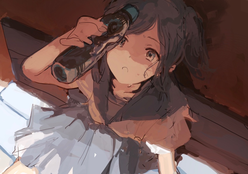 1girl absurdres bad_id bad_twitter_id blue_hair blue_sailor_collar blue_skirt bottle bottle_to_forehead from_above hand_up hibike!_euphonium highres holding holding_bottle inactive_account kasaki_nozomi kitauji_high_school_uniform long_hair looking_at_viewer on_bench open_mouth pleated_skirt ponytail ramune sailor_collar school_uniform serafuku shirt sitting skirt solo suiso_(owp) sweat white_shirt
