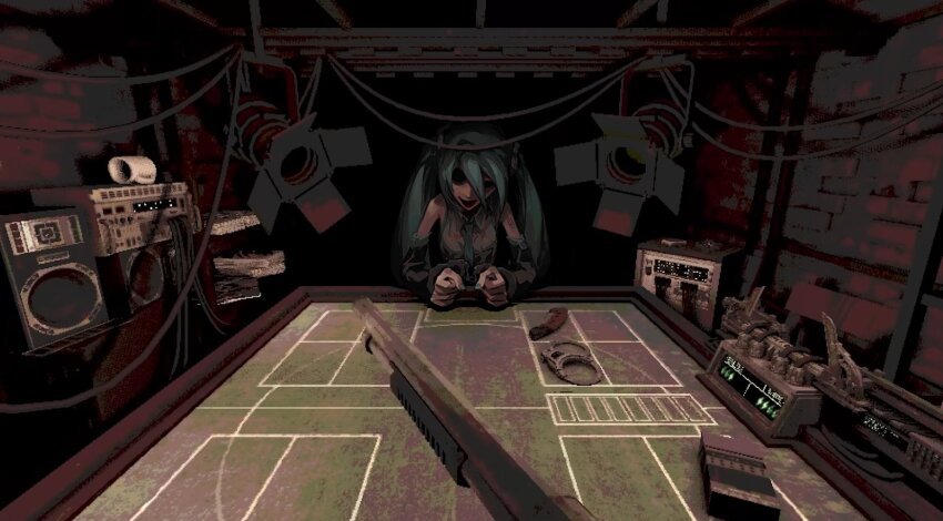 1girl boombox buckshot_roulette cable casino_card_table commentary cuffs cup detached_sleeves english_commentary gun handcuffs hatsune_miku highres hollow_eyes horror_(theme) indoors looking_at_viewer necktie parody plum_(ms8748) pov pov_across_table shotgun smile solo studio_lights table twintails vocaloid weapon