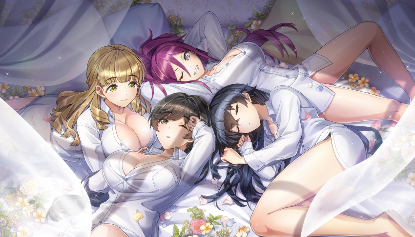 4girls ayato_utae black_hair breast_pocket breasts brown_hair cleavage closed_eyes dolphin_wave dress_shirt game_cg hagane_otsuki hair_between_eyes highres kurenashi_yuuri large_breasts lying mole mole_under_eye mole_under_mouth multiple_girls naked_shirt non-web_source official_art on_back on_bed on_side one_eye_closed ootomo_takuji orange_eyes orange_hair pocket purple_eyes purple_hair sharp_teeth shirt swept_bangs t-shirt teeth yamaba_yume