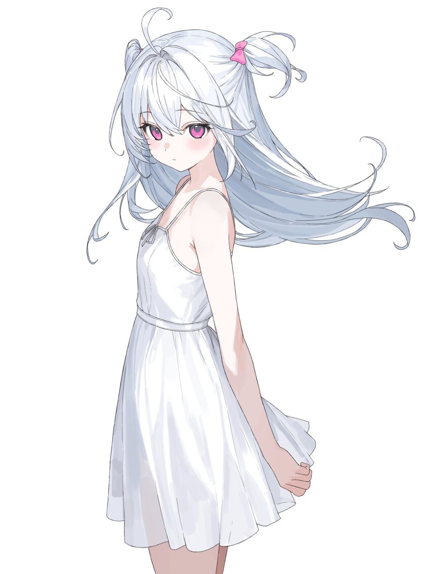 1girl ahoge bare_arms bare_shoulders blush bow breasts closed_mouth commentary cowboy_shot crossed_bangs dress floating_hair from_side grey_hair hair_between_eyes hair_bow highres karyln long_hair looking_at_viewer original pink_bow pink_eyes simple_background sleeveless sleeveless_dress small_breasts solo standing sundress symbol-only_commentary two_side_up white_background white_dress