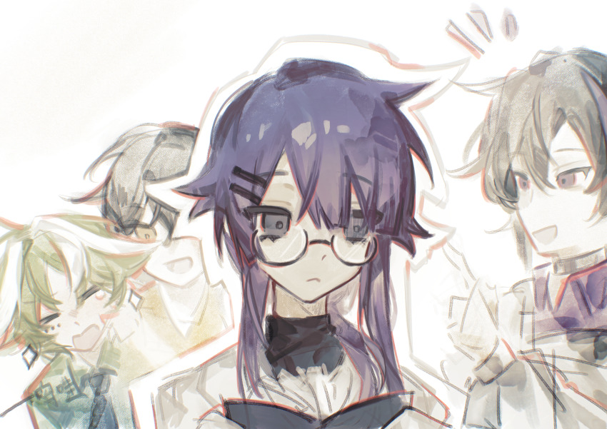 16personalities 2boys 2girls absurdres black_sweater campaigner_(16personalities) closed_mouth debater_(16personalities) earrings entertainer_(16personalities) glasses green_hair highres jewelry logician_(16personalities) multicolored_hair multiple_boys multiple_girls notice_lines open_mouth purple_eyes purple_hair short_hair sidelocks simple_background smile streaked_hair sweater turtleneck turtleneck_sweater upper_body white_background white_hair xuxi239756 yellow_eyes