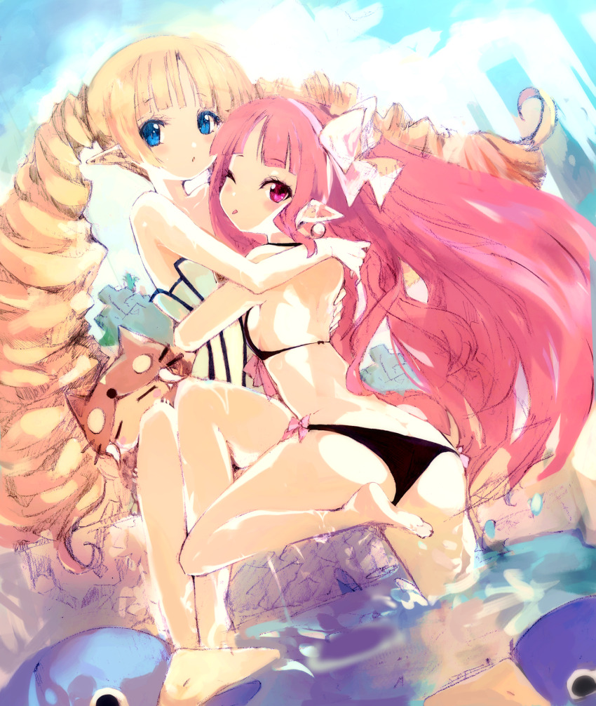 2girls :o :p =_= archer_(disgaea) ass bare_shoulders bikini black_bikini blonde_hair blue_eyes blush bow bow_bikini breasts butt_crack collarbone demon_girl disgaea drill_hair earrings flat_chest hair_bow hairband highres hug jewelry kakuwashi long_hair looking_at_viewer mage_(disgaea) makai_senki_disgaea makai_senki_disgaea_2 multiple_girls one-piece_swimsuit one_eye_closed pink_bow pink_eyes pink_hair pink_hairband pointy_ears pool prinny sideboob slumber_cat small_breasts splashing swimsuit tongue tongue_out twin_drills twintails very_long_hair water wet white_bow white_one-piece_swimsuit yuri