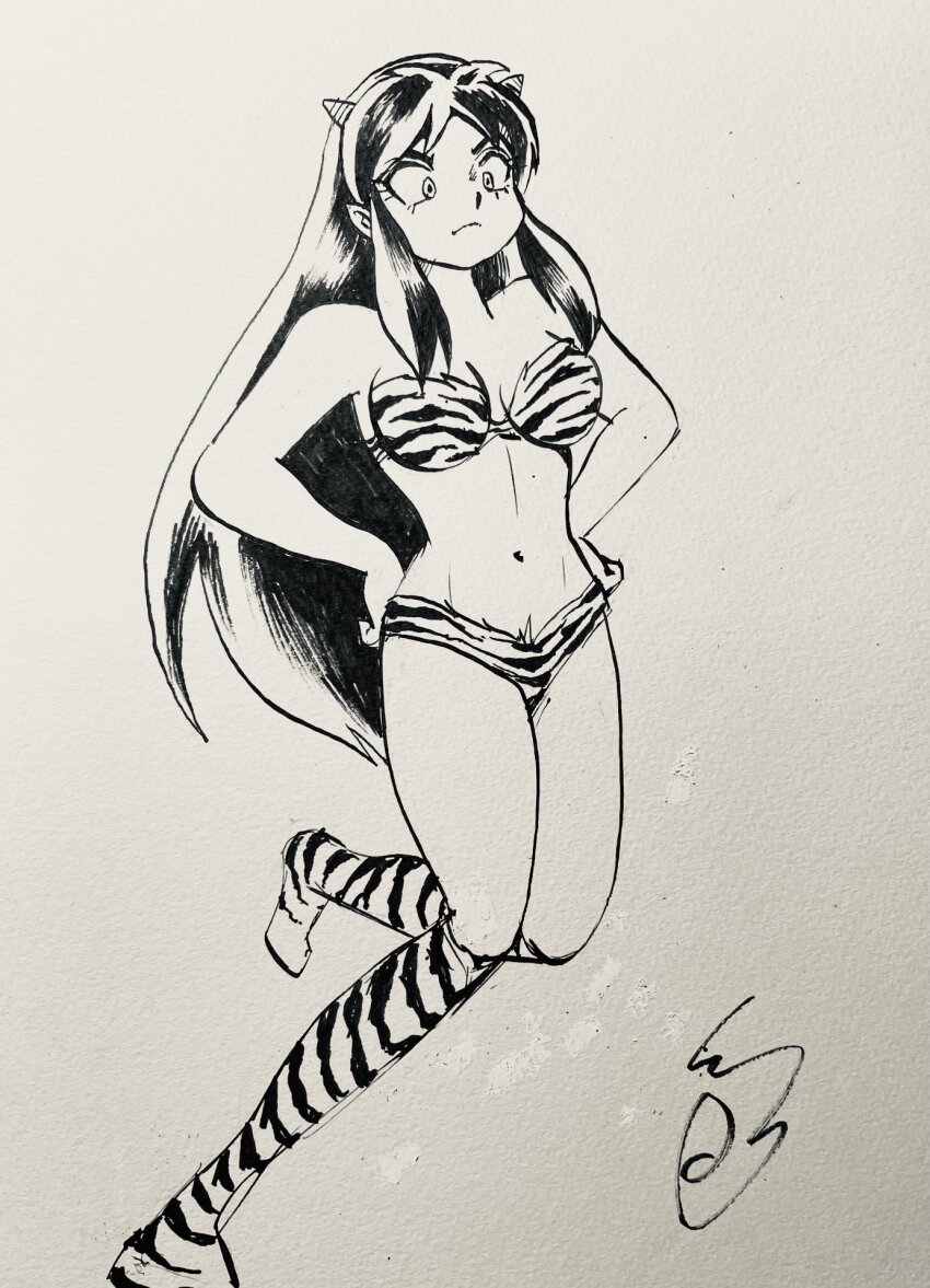 1girl aeromisumi animal_print bikini boots cone_horns fangs hands_on_own_hips highres horns long_hair looking_to_the_side lum monochrome navel print_boots sidelocks signature solo strapless strapless_bikini swimsuit tiger_print traditional_media urusei_yatsura
