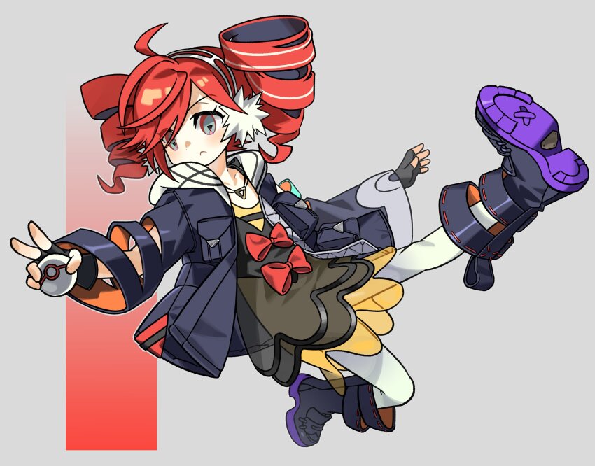 absurdres black_dress black_jacket black_shoes blush boots bow closed_mouth dress dress_bow full_body grey_background grey_eyes hashtag-only_commentary highres holding holding_poke_ball hu_juut jacket jumping kasane_teto knee_boots long_sleeves luxury_ball nintendo pantyhose poke_ball pokemon project_voltage red_bow red_hair rival_teto_(project_voltage) see-through_clothes see-through_dress shoes symbol-shaped_pupils utau v vocaloid white_pantyhose yellow_dress