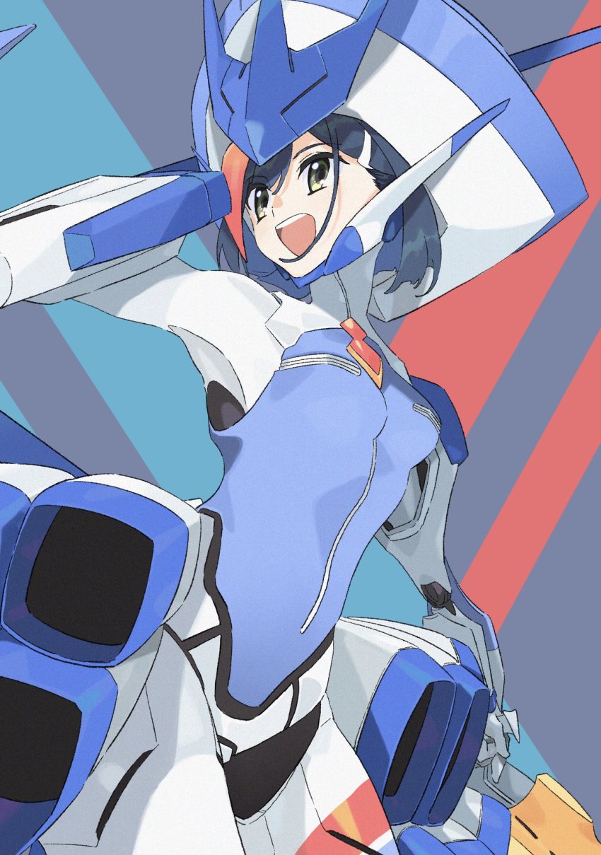 1girl :d blue_hair bodysuit commentary_request cosplay darling_in_the_franxx delphinium_(darling_in_the_franxx) delphinium_(darling_in_the_franxx)_(cosplay) hair_ornament hairclip headgear highres ichigo_(darling_in_the_franxx) joints machi_(wm) mecha_musume mecha_pilot_suit open_mouth parasite_suit_(darling_in_the_franxx) robot_joints short_hair smile solo upper_body yellow_eyes