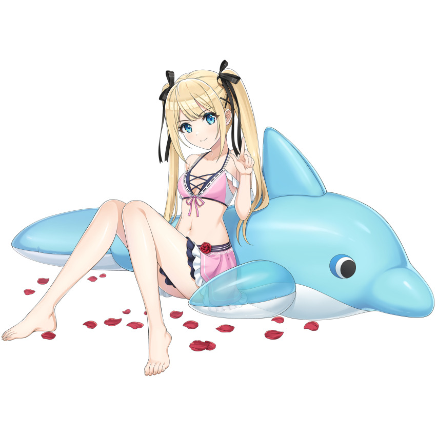 1girl barefoot bikini bikini_skirt black_ribbon blonde_hair breasts cross-laced_bikini cross-laced_clothes dead_or_alive dead_or_alive_xtreme_venus_vacation dolphin dolphin_wave game_cg hair_ornament hair_ribbon highres inflatable_dolphin inflatable_toy lace lace-trimmed_swimsuit lace_trim long_hair looking_at_viewer marie_rose navel non-web_source official_art ootomo_takuji petals pink_bikini pointing pointing_up ribbon rose_petals sitting small_breasts solo spread_legs swimsuit transparent_background twintails x_hair_ornament