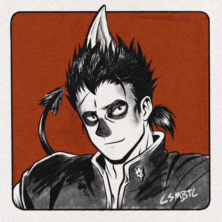 1boy border closed_mouth csmbtc demon_tail dorohedoro greyscale_with_colored_background highres horns inktober kawajiri looking_at_viewer male_focus ponytail portrait red_background shirt short_hair signature single_horn smile solo tail white_border