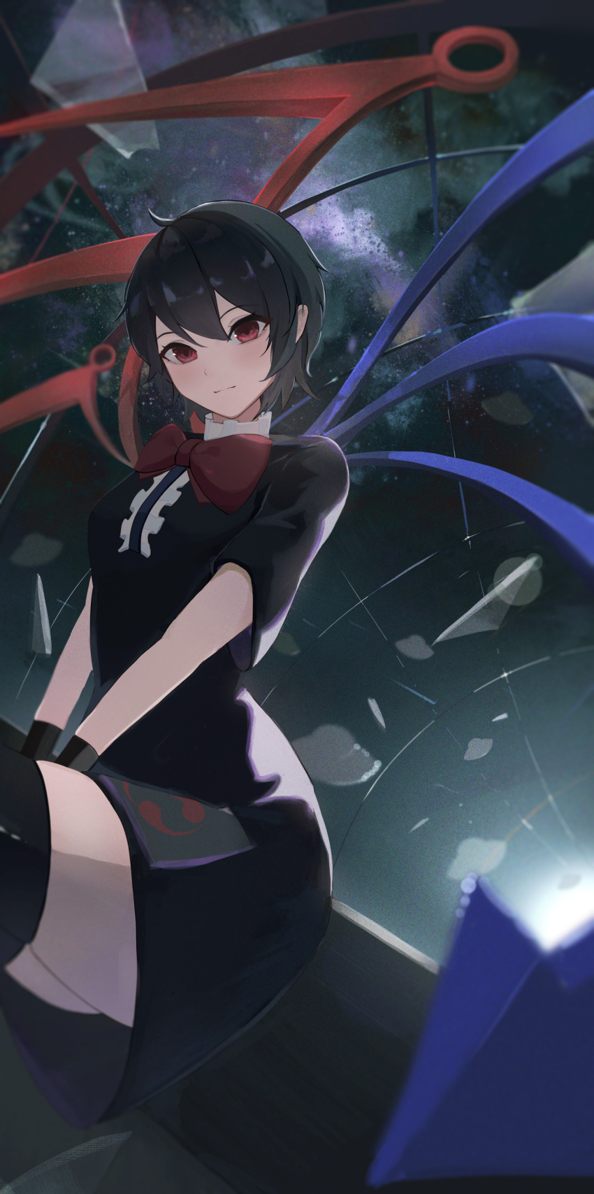 1girl absurdres asymmetrical_wings between_legs black_dress black_hair black_thighhighs blue_wings blush bow bowtie center_frills closed_mouth commentary dress feet_out_of_frame frills hand_between_legs highres houjuu_nue looking_at_viewer palulap red_bow red_bowtie red_eyes red_wings shards short_hair short_sleeves sitting solo space thighhighs touhou wings wristband zettai_ryouiki