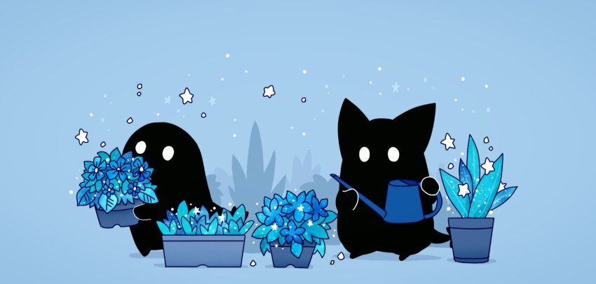 2others blue_background blue_flower flower flower_pot highres holding hoshikui multiple_others no_humans original plant potted_plant shoutarou_(shoutarotttt) simple_background sparkle standing star_(symbol) watering_can