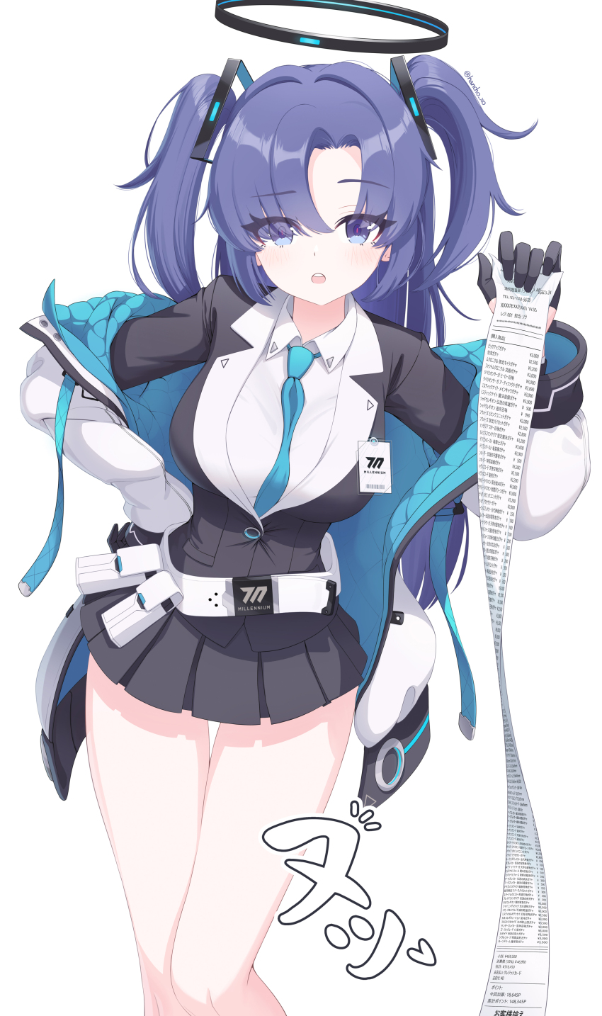 1girl :o absurdres arm_at_side artist_name barcode bare_legs belt belt_pouch black_halo black_jacket black_skirt blazer blue_archive blue_background blue_eyes blue_hair blue_necktie blue_ribbon blurry blurry_background breasts collared_shirt dated dress_shirt dual_wielding emblem formal_clothes gloves grid_background gun hair_ornament half_gloves halo hancho hand_up highres holding holding_paper id_card jacket legs logo long_hair long_legs long_sleeves looking_at_viewer loose_belt mechanical_halo medium_breasts millennium_science_school_logo miniskirt necktie off_shoulder office_lady open_clothes open_jacket paper parted_bangs pleated_skirt pouch puffy_long_sleeves puffy_sleeves receipt ribbon shirt sig_mpx sig_sauer signature skirt skirt_suit sleeve_cuffs standing submachine_gun suit thigh_gap triangle_hair_ornament two-sided_fabric two-sided_jacket two-tone_background two_side_up weapon white_background white_belt white_jacket white_shirt wing_collar yuuka_(blue_archive)