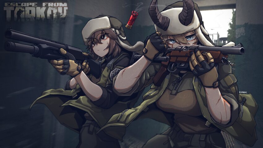 2girls absurdres aiming blonde_hair blue_eyes bolt_action borrowed_character breasts brown_hair brown_jacket closed_mouth crossed_bangs crossover epakim escape_from_tarkov glasses gloves green_jacket green_pants gun hair_between_eyes hat highres holding holding_weapon horns indoors jacket lamia_(epakim) large_breasts load_bearing_vest medium_hair mp-153 multicolored_jacket multiple_girls original pants scar scar_across_eye scar_on_arm scar_on_face semi-rimless_eyewear shotgun shotgun_shell sleeves_rolled_up slit_pupils smoke smoke_trail sweatdrop toz-106 two-tone_gloves two-tone_jacket upper_body ushanka weapon