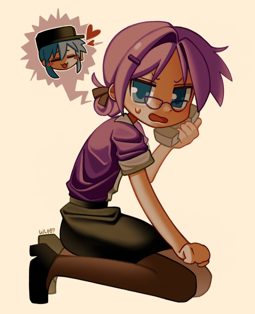 2girls black_pantyhose blue_eyes blue_hair cosplay glasses hair_ornament hairclip heart highres hiiragi_kagami izumi_konata lucky_star miss_pauling multiple_girls pantyhose purple_hair scout_(tf2) scout_(tf2)_(cosplay) short_hair simple_background skirt sweat team_fortress_2 wheatler007 yellow_background