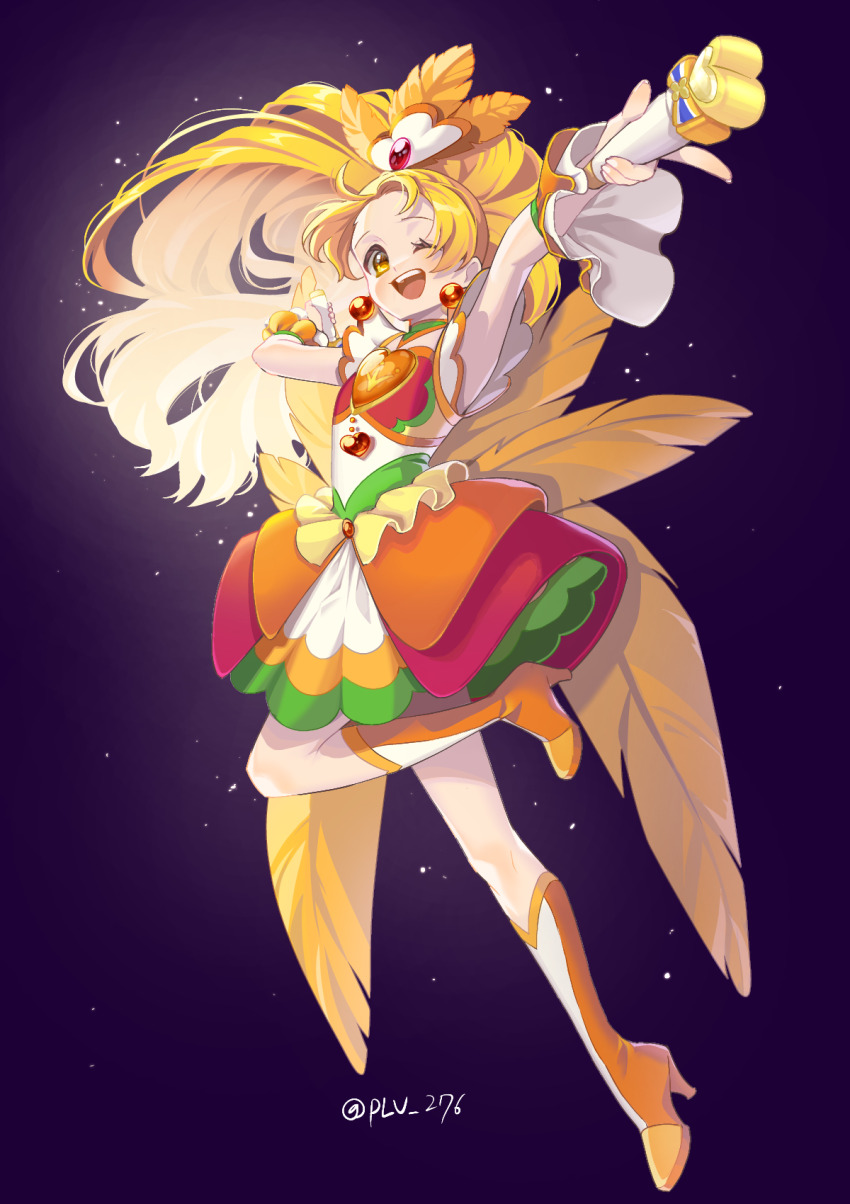 1girl ;d arm_up armpits blonde_hair boots brooch cure_honey cure_honey_(coconut_samba) detached_sleeves earrings feathers frills hair_ornament happinesscharge_precure! heart heart_brooch highres holding holding_wand jewelry knee_boots layered_skirt long_hair looking_at_viewer magical_girl one_eye_closed oomori_yuuko open_mouth orange_feathers plv_276 precure purple_background simple_background skirt smile solo twitter_username wand yellow_eyes