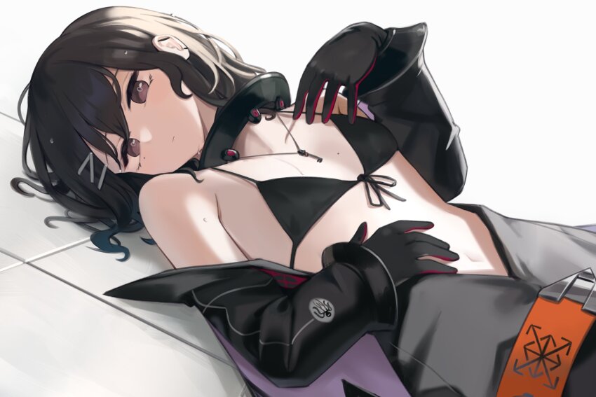 1girl bikini black_bikini black_gloves brown_hair closed_mouth diving_suit ear_piercing flat_chest girls&#039;_frontline girls&#039;_frontline_neural_cloud gloves hair_between_eyes hair_ornament hairclip hatsuchiri_(neural_cloud) highres hinami047 jewelry key key_necklace long_hair looking_at_viewer lying mole mole_under_eye navel necklace on_back piercing purple_eyes solo swimsuit