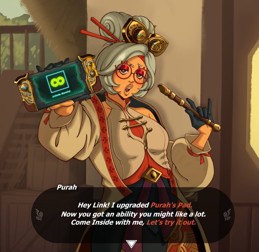 1girl absurdres black_gloves breasts brown_eyes commentary english_commentary english_text eyeshadow flute glasses gloves grey_hair hair_ornament hair_stick half_gloves highres holding holding_flute holding_instrument infinity_symbol instrument lips makeup medium_breasts nintendo open_mouth peppr_n&#039;_salt purah purah_pad recorder red-framed_eyewear red_eyeshadow round_eyewear solo the_legend_of_zelda the_legend_of_zelda:_tears_of_the_kingdom