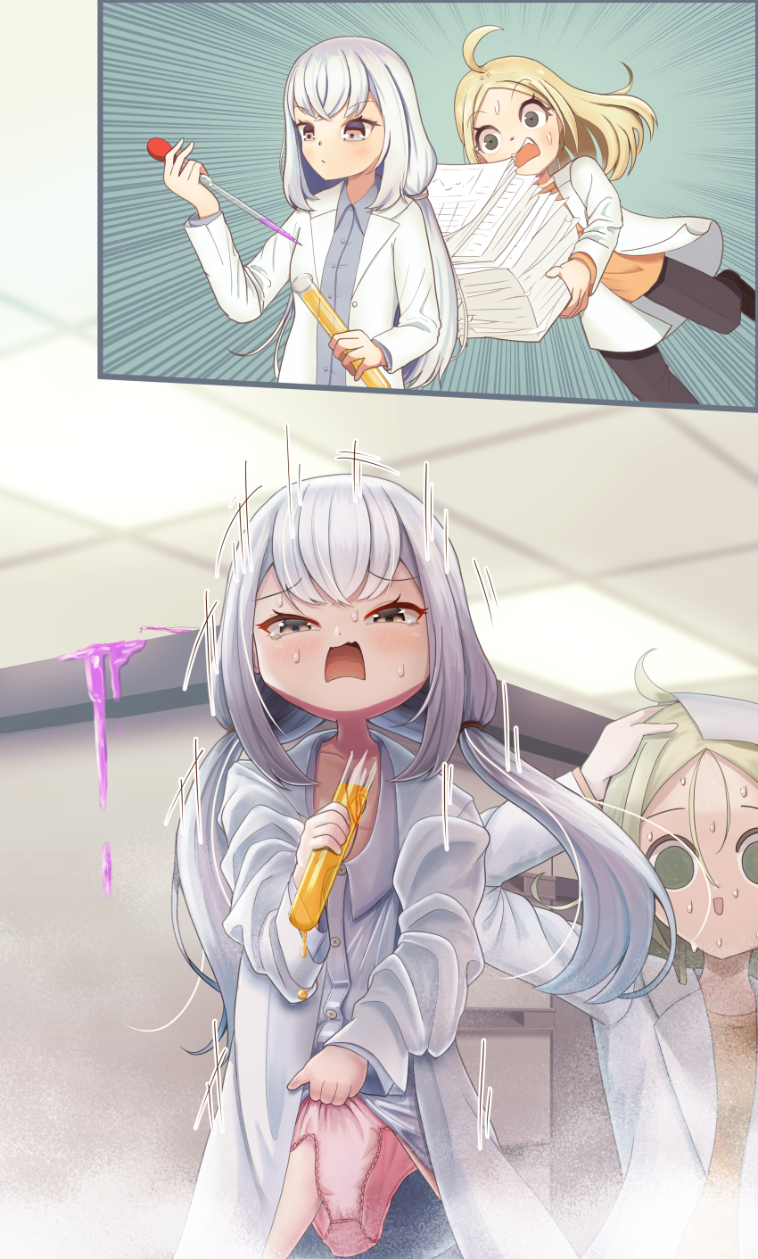 2girls absurdres accident age_regression aged_down ahoge black_pants blonde_hair blush chemicals child crying denwa green_eyes hands_on_own_head highres indoors lab_coat laboratory long_hair low_twintails multiple_girls open_mouth orange_shirt original oversized_clothes panicking panties pants paper_stack pink_panties shirt sweat transformation tripping twintails underwear white_eyes white_hair