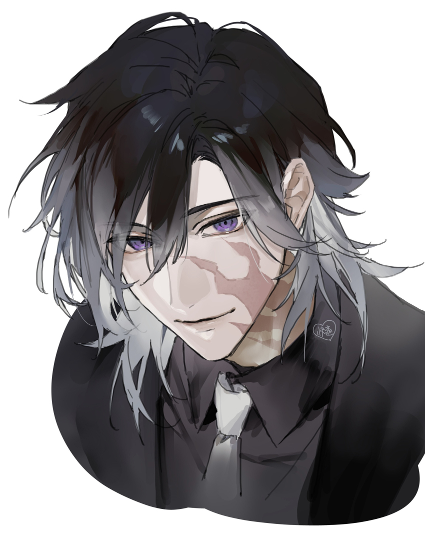 1boy absurdres artist_name black_hair black_shirt burn_scar closed_mouth collared_shirt commentary cropped_torso facial_scar gradient_hair hair_between_eyes highres jikkyuu_mitsutada looking_at_viewer male_focus medium_hair multicolored_hair necktie pavilionushima purple_eyes scar scar_on_cheek scar_on_face scar_on_neck shirt signature simple_background smile solo touken_ranbu upper_body white_background white_hair white_necktie wing_collar