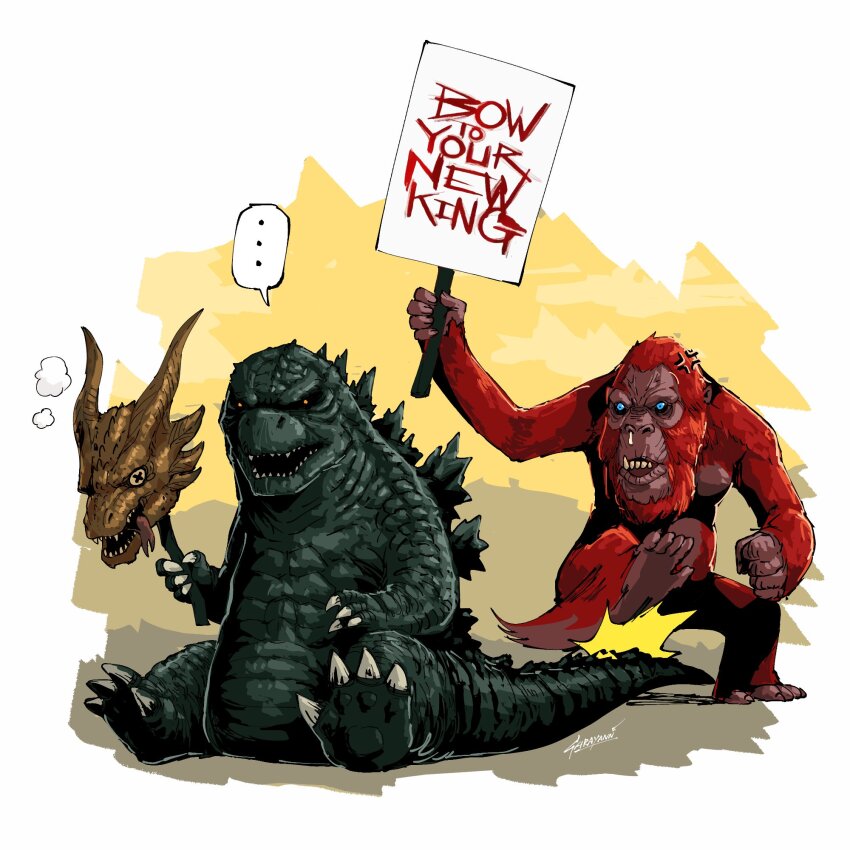 ... alien anger_vein ape blue_eyes chibi claws crossover dinosaur dragon english_text fangs forked_tongue garayann godzilla godzilla:_king_of_the_monsters godzilla_(series) godzilla_vs._kong godzilla_x_kong:_the_new_empire highres horns kaiju king_ghidorah king_kong_(series) legendary_pictures monster monsterverse no_humans no_pupils open_mouth orange_eyes orangutan sea_monster sharp_teeth sign skar_king snot speech_bubble spikes stomping tail teeth toho tongue tongue_out warner_bros x_x yellow_eyes yellow_teeth