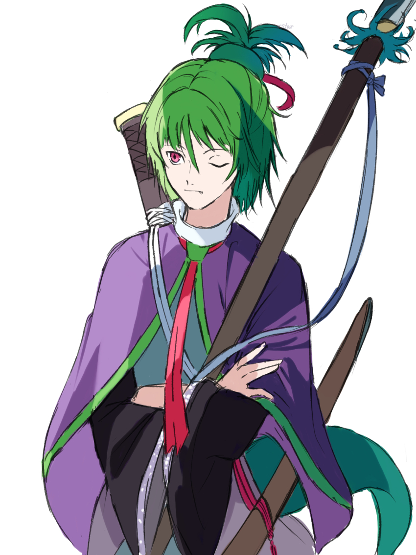 1other adagumo_no_saragimaru androgynous black_kimono blue_shorts blue_vest capelet closed_mouth commentary_request cowboy_shot double-parted_bangs expressionless fang fang_out floral_print green_hair hair_between_eyes hair_ornament high_ponytail highres holding holding_polearm holding_weapon japanese_clothes kimono len&#039;en long_sleeves looking_ahead miniskirt naginata nostrils one_eye_closed other_focus over_shoulder polearm ponytail purple_capelet purple_skirt red_eyes sheath sheathed short_hair short_kimono short_ponytail shorts showgirl_skirt simple_background skirt snake_hair_ornament snake_tail solo split_ponytail standing sword tail vest weapon weapon_over_shoulder white_background wide_sleeves yoni.