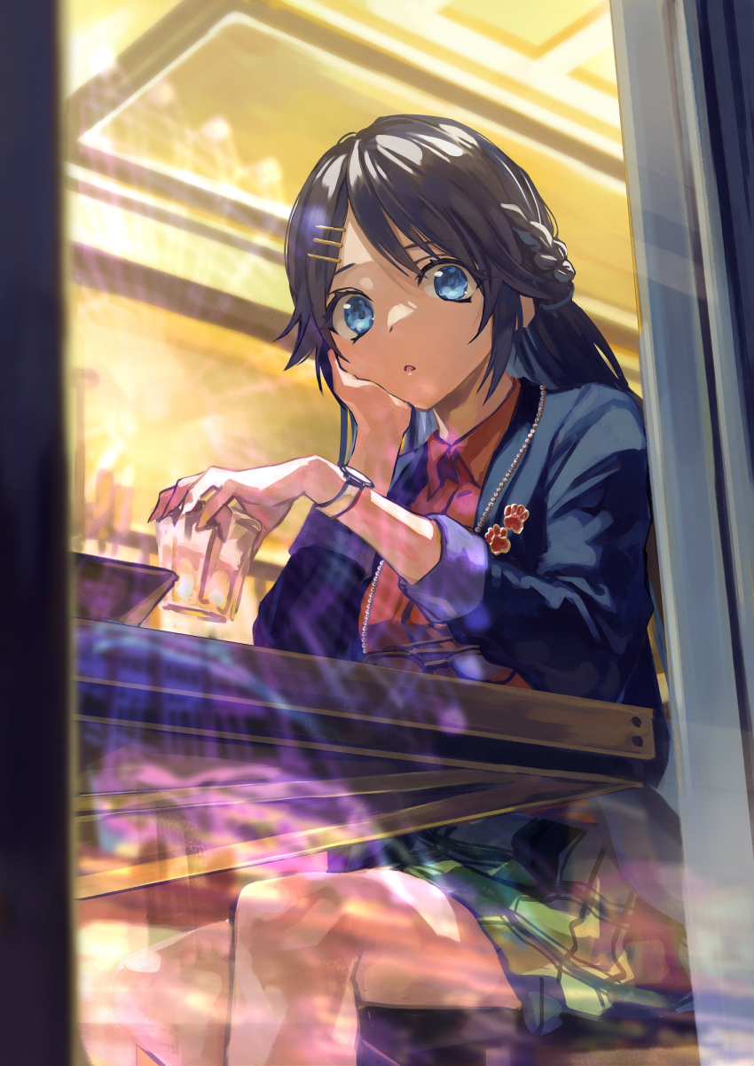 1girl blue_eyes blue_jacket breasts collared_shirt cup drinking_glass ferris_wheel glasses green_skirt hair_ornament hairclip hand_on_own_cheek hand_on_own_face head_rest highres holding holding_cup idolmaster idolmaster_shiny_colors jacket medium_breasts mitsumine_yuika open_clothes open_jacket otsudou parted_bangs parted_lips plaid_clothes plaid_skirt red_shirt reflection shirt sitting skirt sleeves_rolled_up solo table unworn_eyewear watch wristwatch