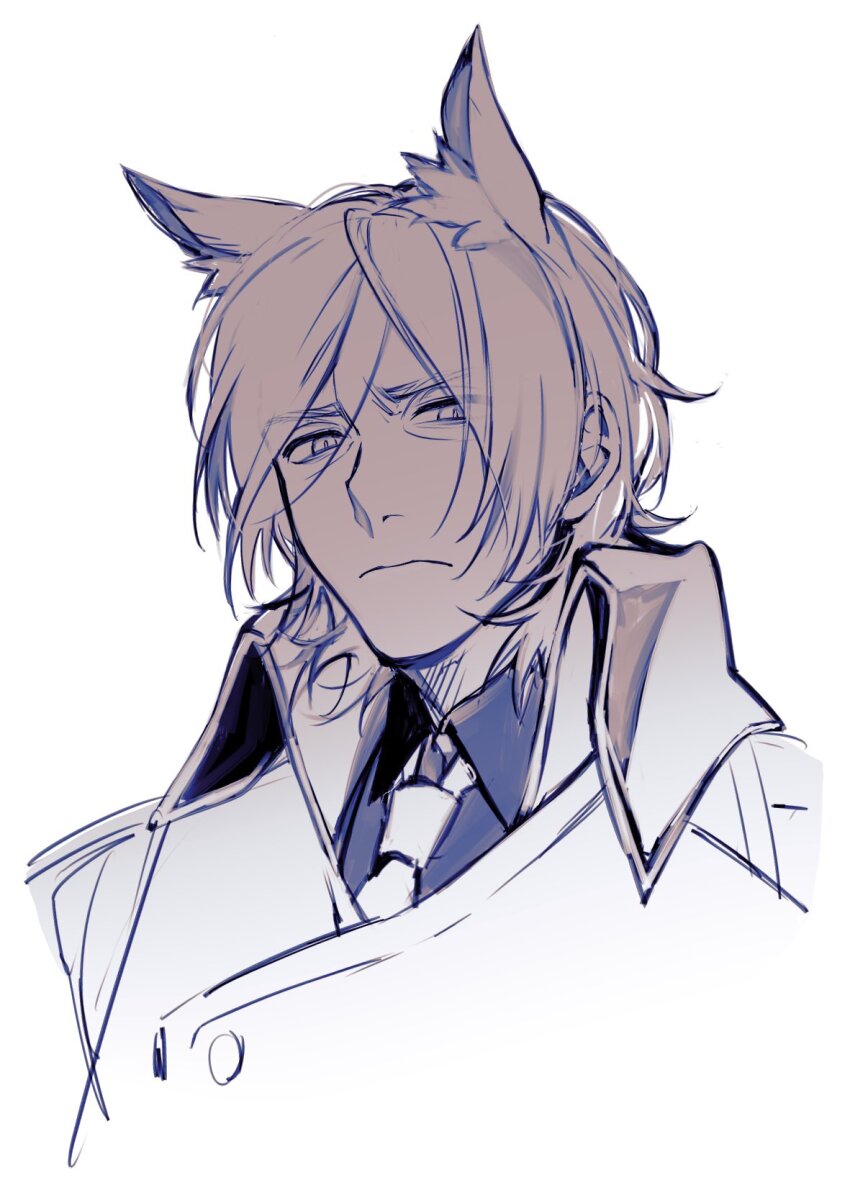 1boy animal_ear_fluff animal_ears arknights coat collared_shirt frown hair_over_one_eye high_collar highres horse_boy horse_ears ieiieiiei looking_at_viewer male_focus mlynar_(arknights) monochrome necktie sepia shirt short_hair simple_background sketch solo upper_body white_background