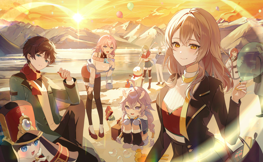 3boys :d absurdres bailu_(honkai:_star_rail) bare_shoulders black_jacket black_pantyhose blue_bag breasts celebration closed_mouth commentary dan_heng_(honkai:_star_rail) dragon_girl dragon_horns english_commentary gepard_landau green_eyes green_jacket grey_hair highres himeko_(honkai:_star_rail) honkai:_star_rail honkai_(series) horns jacket jaduade leaning_forward light_blush looking_at_viewer march_7th_(honkai:_star_rail) medium_breasts multiple_boys open_mouth pantyhose pink_hair pom-pom_(honkai:_star_rail) purple_hair red_hair red_scarf scarf serval_landau shirt short_hair sitting smile squatting stelle_(honkai:_star_rail) trailblazer_(honkai:_star_rail) welt_yang white_shirt yellow_eyes