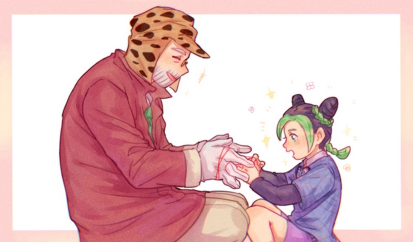 1girl beard black_hair bomber_hat braid cat&#039;s_cradle cone_hair_bun diamond_wa_kudakenai double_bun facial_hair family gloves green_eyes green_hair green_lips grey_hair hair_bun highres jojo_no_kimyou_na_bouken joseph_joestar joseph_joestar_(old) kuujou_jolyne layered_sleeves long_coat long_sleeves multicolored_hair old old_man short_over_long_sleeves short_sleeves shorts sparkle spider_web_print two-tone_hair white_gloves yanglao_paopaoren