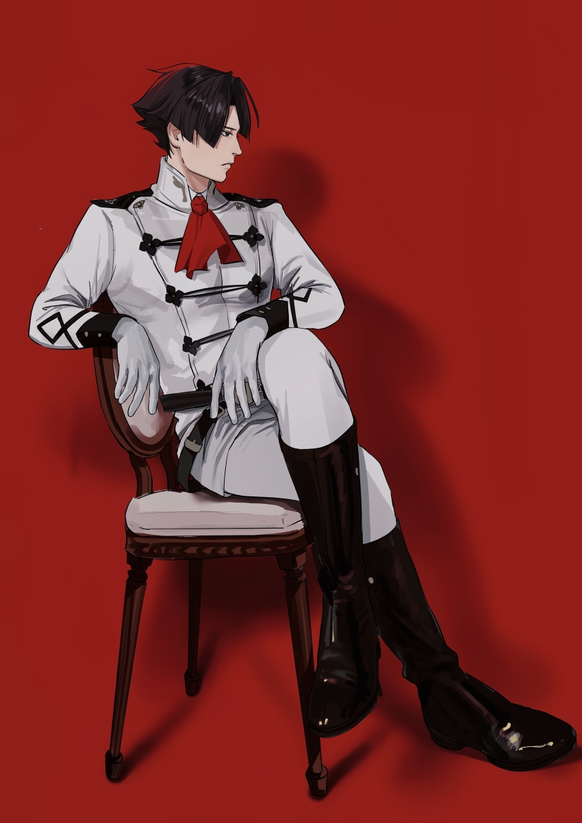 1boy absurdres ace_attorney ascot baishangwuding belt black_belt black_boots black_eyes black_hair boots chair chinese_commentary closed_mouth commentary_request crossed_legs drop_shadow elbow_rest full_body gloves high_collar highres jacket kazuma_asogi long_sleeves looking_ahead male_focus military_jacket pants profile red_ascot red_background shiny_footwear short_hair sitting sleeve_cuffs solo the_great_ace_attorney white_gloves white_jacket white_pants