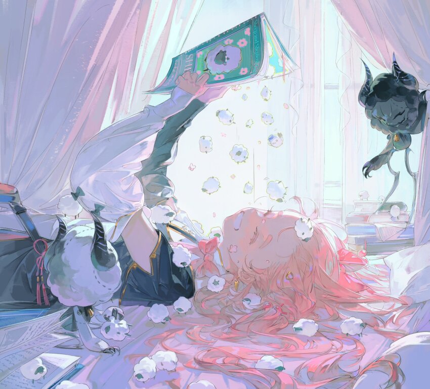 1girl asymmetrical_sleeves black_sheep black_sleeves blush book book_stack bow bowtie closed_eyes commentary curtains detached_sleeves encore_(wuthering_waves) happy highres holding holding_book indoors long_hair lying on_back on_bed pillow pink_bow pink_bowtie pink_hair sheep smile solo upper_body white_sleeves window window_shadow wuthering_waves youliyouliv