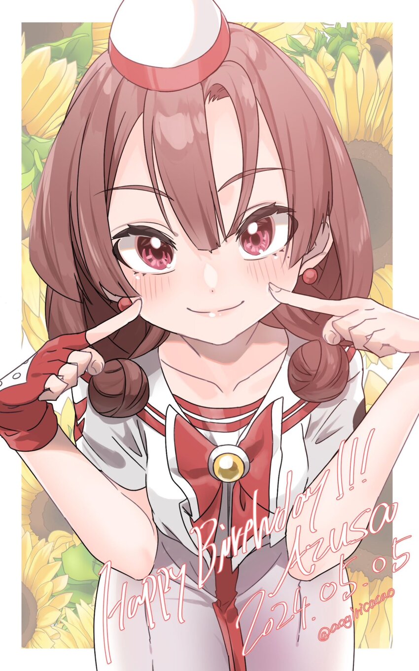 1girl aogirism aria_(manga) artist_name azusa_mclaren blush border bow bowtie brown_hair closed_mouth collarbone cowboy_shot dated dress earrings eyelashes fingerless_gloves floral_background flower gloves hair_between_eyes hair_bun hands_up happy_birthday hat highres himeya_company_uniform jewelry leaning_forward mole mole_under_eye pointing pointing_at_self red_bow red_bowtie red_eyes red_gloves red_hat sailor_collar single_glove smile solo sunflower twintails twitter_username two-tone_headwear white_border white_dress white_hat