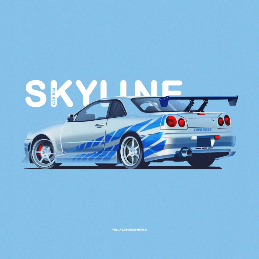 2_fast_2_furious absurdres artist_name blue_background blue_car blue_theme car fast_&amp;_furious fast_&amp;_furious grey_car highres motor_vehicle nissan nissan_skyline nissan_skyline_gt-r nissan_skyline_r34 no_humans shadow spoiler_(automobile) sports_car vehicle_focus yuliia_lobodiuchenko