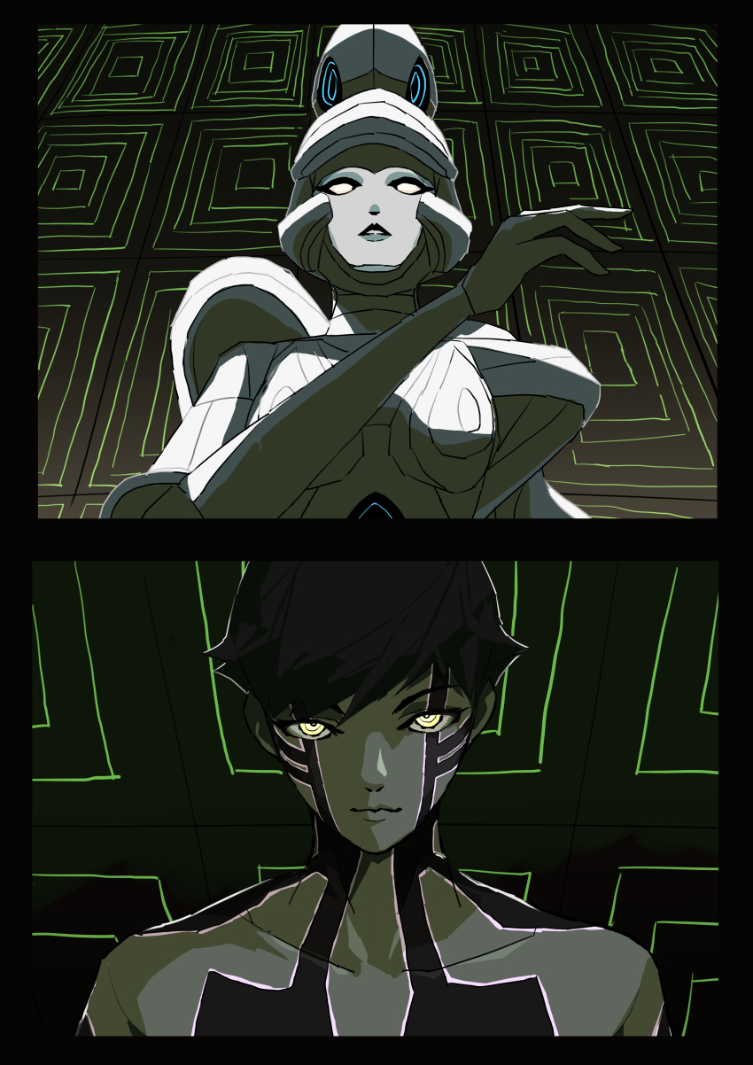 absurdres baal_(megami_tensei) black_border black_hair blank_eyes body_markings border colored_skin demi-fiend demon_(megami_tensei) glowing glowing_eyes glowing_tattoo green_background grey_skin haruhuru_8686 highres looking_down looking_up shadow shin_megami_tensei shin_megami_tensei_iii:_nocturne short_hair square tachibana_chiaki_(megami_tensei) topless_male upper_body yellow_eyes