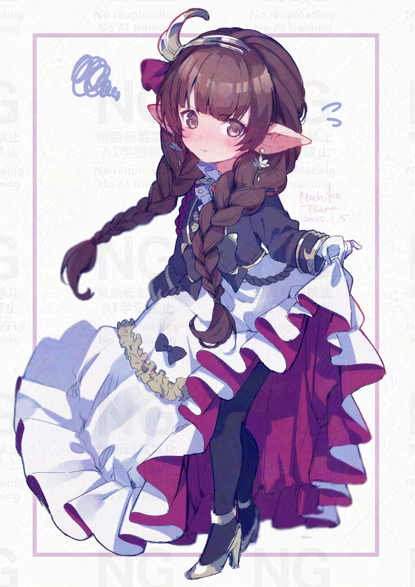 1girl absurdres blush braid braided_twintails brown_eyes brown_hair dress earrings granblue_fantasy haaselia harvin high_heels highres jewelry long_hair looking_at_viewer mochiko_tsuru pantyhose pointy_ears solo