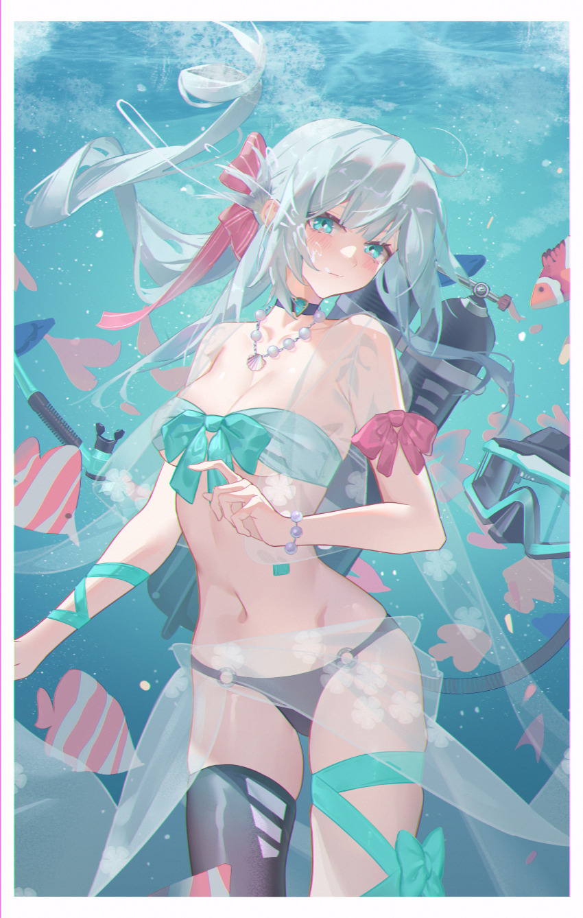 1girl absurdres aqua_eyes bare_shoulders black_thighhighs blush border bow bracelet breasts chinese_commentary closed_mouth collarbone comet-c commentary_request floating_hair hair_bow hair_spread_out highres jewelry looking_at_viewer medium_breasts navel necklace original pink_bow scuba_gear scuba_tank single_thighhigh solo stomach striped_bow thighhighs thighs underwater water white_border white_hair