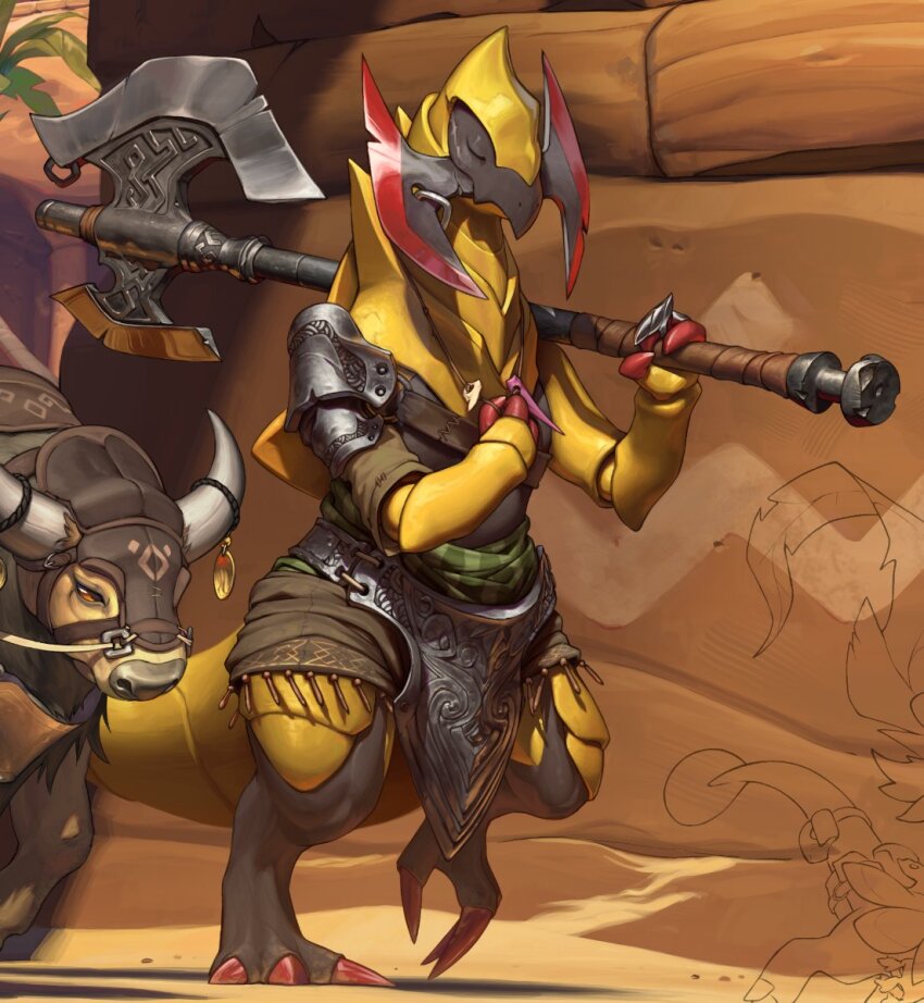 armor axe beak bridle brown_eyes brown_fur bull claws closed_eyes clothed_pokemon desert digitigrade gen_1_pokemon gen_5_pokemon hand_on_own_chest hand_up haxorus holding holding_axe horn_ornament horn_ring horns jewelry neck_fur necklace nintendo no_humans over_shoulder pokemon pokemon_(creature) pokemon_focus realspacejunk reins sand single_shoulder_pad tauros tusk_ring tusks two-tone_fur u_u walking weapon weapon_over_shoulder