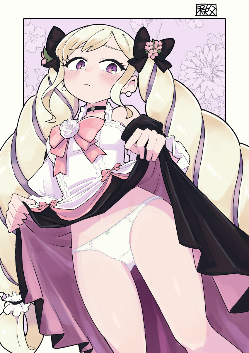 1girl absurdres black_bow black_choker blonde_hair blush border bow bow_panties breasts chichibu_(watson) choker closed_mouth clothes_lift commentary commission dress dress_lift earrings elise_(fire_emblem) elise_(valentine)_(fire_emblem) english_commentary eyelashes fire_emblem fire_emblem_fates fire_emblem_heroes flower frills gluteal_fold head_tilt highres jewelry lifting_own_clothes long_hair looking_down multicolored_hair nintendo official_alternate_costume outside_border panties pink_bow pink_flower purple_eyes second-party_source sidelocks skeb_commission small_breasts solo streaked_hair twintails underwear white_border white_dress white_panties