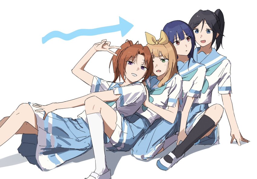 4girls :d aqua_neckerchief arm_support black_hair black_socks blue_eyes blue_hair blue_sailor_collar blue_skirt brown_hair commentary expressionless girl_sandwich green_eyes hand_on_another&#039;s_back hand_on_own_leg hibike!_euphonium highres kasaki_nozomi kitauji_high_school_uniform kneehighs leaning_on_person looking_at_another looking_at_viewer looking_to_the_side matarasu_(aaaaaaaaj) multiple_girls nakagawa_natsuki neckerchief one_eye_closed open_mouth parted_lips pleated_skirt ponytail purple_eyes pushing_away red_eyes sailor_collar sandwiched school_uniform shoes short_sleeves sitting skirt smile socks symbol-only_commentary uwabaki v wavy_mouth white_background white_socks yoroizuka_mizore yoshikawa_yuuko