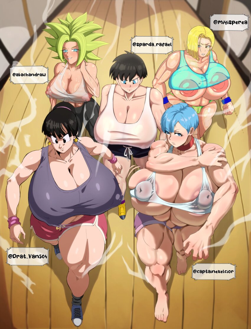 5girls akachandraw alternate_breast_size alternate_muscle_size android_18 artist_collaboration black_eyes black_hair blonde_hair blue_eyes blue_hair breasts bulma captain_exelcior chi-chi_(dragon_ball) cleavage dolphin_shorts dragon_ball dragon_ball_super dratvan gigantic_breasts green_hair huge_breasts huge_nipples indoors kefla_(dragon_ball) large_areolae large_nipples miyisperea multiple_girls muscular muscular_female muscular_legs nipples puffy_nipples rafsparda short_hair shorts spiked_hair steaming_body super_saiyan sweat thick_thighs thighs videl walking