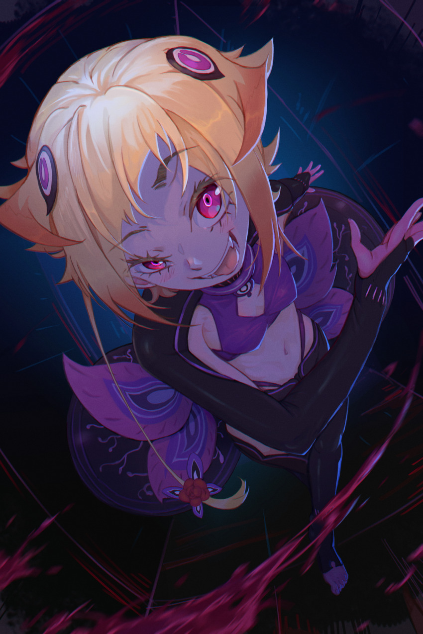 1girl :d bikini black_shrug blonde_hair blood breasts capella_emerada_lugnica commentary cyrover english_commentary fangs flower full_body gloves hair_flower hair_ornament highres looking_at_viewer navel open_mouth pink_eyes purple_bikini re:zero_kara_hajimeru_isekai_seikatsu shrug_(clothing) small_breasts smile solo stomach swimsuit underwear