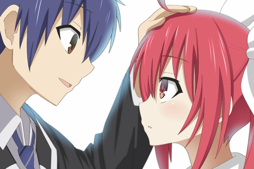 1boy 1girl blue_hair bow brown_eyes carat_(amerald_g) collared_shirt date_a_live hair_bow highres itsuka_kotori itsuka_shido long_sleeves necktie open_mouth parted_lips raizen_high_school_uniform red_hair school_uniform shirt short_hair striped_necktie twintails